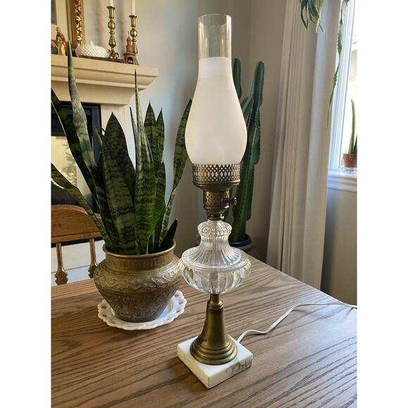 Vintage Midcentury Marble And Glass Lamp Hurricane Shade Brass Table Lamp - Picture 1 of 10